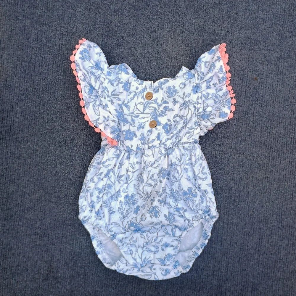 Blue And White Floral Bubble Baby Romper